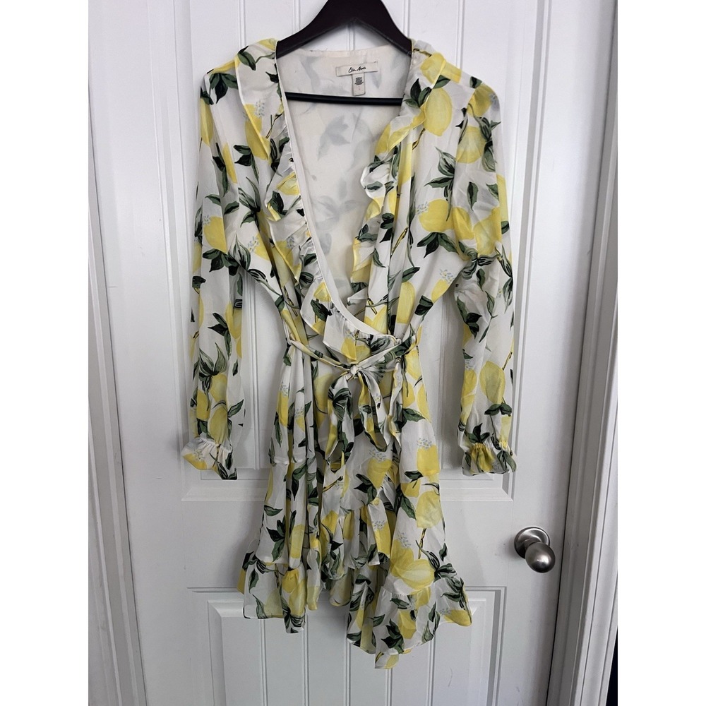 Ella Moon Lemon Print Wrap Dress Womens Large Ruffle Tie Knee Length 494